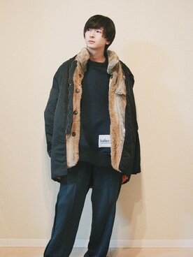 「NEONSIGN（ネオンサイン）のアイテム（ジャケット/アウター）」を使った、ゆーたまるさん（メンズ・174cm）の冬コーディネート