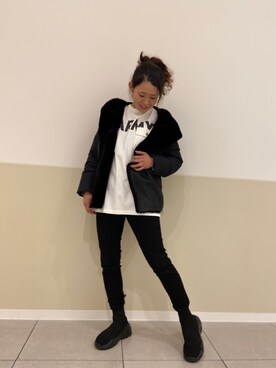 「ムートン」｜「アイテム（ダウンジャケット/コート）」を使った、Yasさん（レディース・156cm）の秋コーディネート