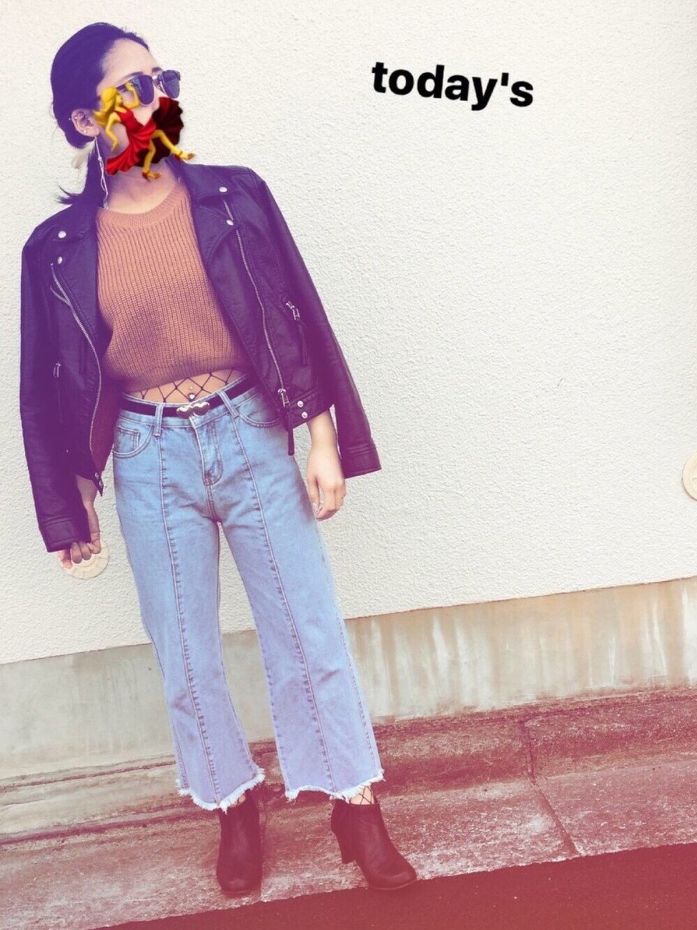 「ootd、ライダース、デニム、網タイツ、fashion、fashionista」｜「SHAKE SHAKE  のアイテム（ニット/セーター、その他）」を使った、ayumiiiさん（レディース・156cm）の春コーディネートの1枚目の写真
