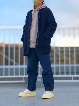 「UNIQLO（ユニクロ）のフリースノーカラーコート（その他アウター）」を使った、HMさん（メンズ・175cm）の冬コーディネート