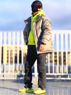 「ネオンイエロー」｜「アイテム（ジャケット/アウター）」を使った、HMさん（メンズ・175cm）の冬コーディネート