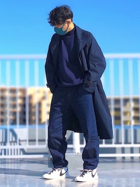 「ネイビーコーデ」｜「アイテム（トレンチコート）」を使った、HMさん（メンズ・175cm）の春コーディネート