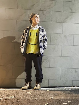 「COMME des GARCONS（コムデギャルソン）のアイテム（スラックス、ブルー系）」を使った、rikutohappiestfoolさん（メンズ・170cm）の冬コーディネート
