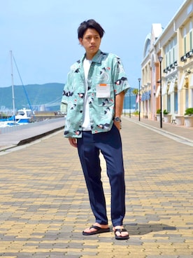 「B.C STOCK（ベーセーストック）のTEVA VOYA FLIP（サンダル）」を使った、ゴルゴン山本さん（メンズ・175cm）の夏コーディネート