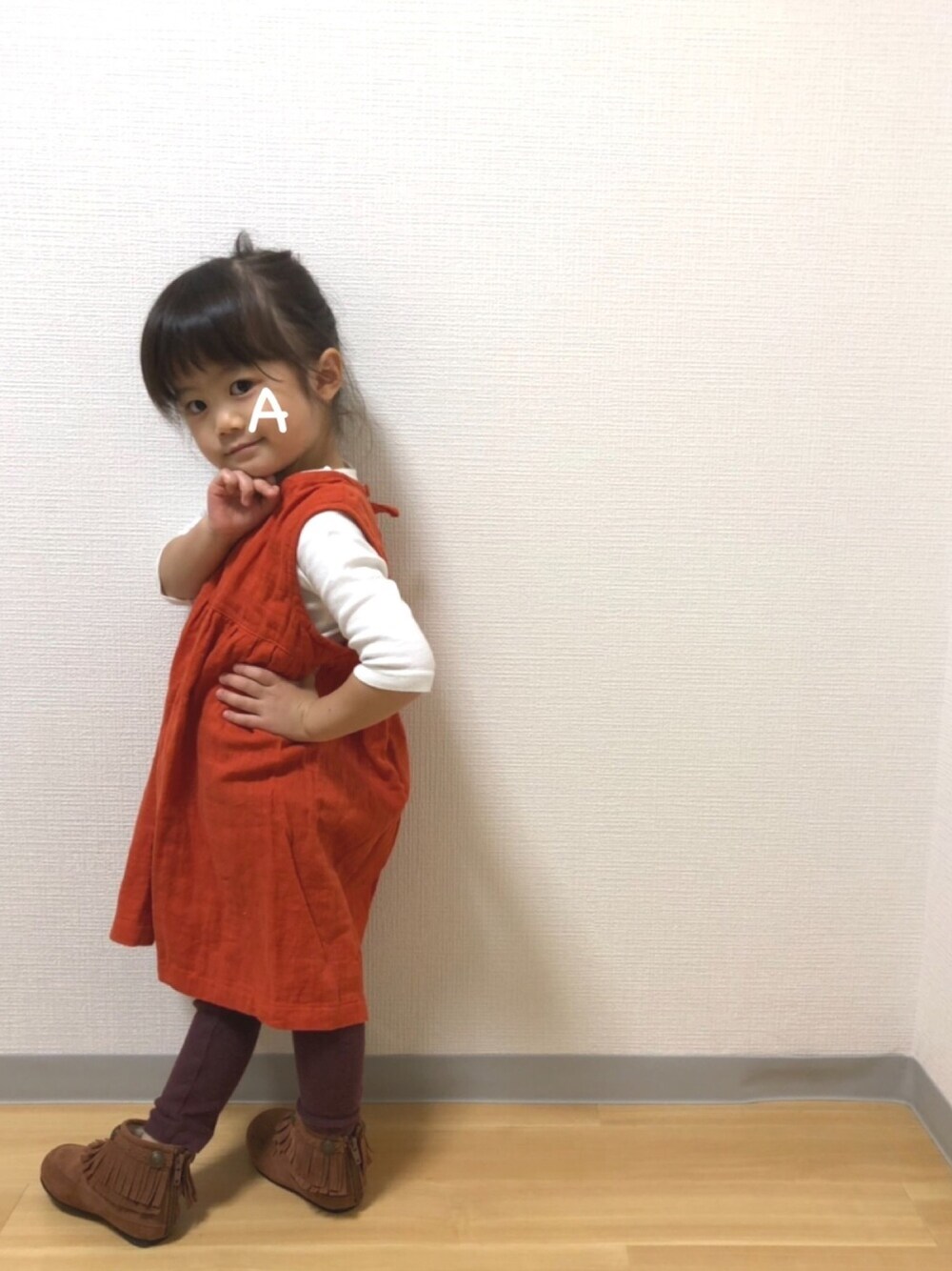 「3歳、3歳3ヶ月、秋コーデ、handmade、omasekko、朱色、hokkoriko、レオパード、リボン、ショートブーツ」｜「hokkorikoのアイテム（ヘアゴム、その他）」を使った、★app@chi★さん（キッズ・90cm）の秋コーディネートの1枚目の写真