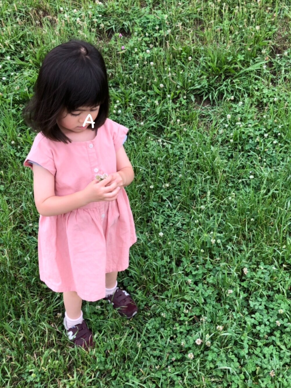 「3歳、3歳10ヶ月、ボブ、ワンピース、シャツワンピ、ピンク、スニーカー」｜「petit mainのフロントボタンワンピース（シャツワンピース、ピンク系）」を使った、★app@chi★さん（キッズ・100cm）の夏コーディネートの1枚目の写真