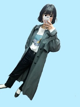 「Tシャツ×デニム」｜「アイテム（ステンカラーコート）」を使った、おももちさん（レディース・172cm）の春コーディネート