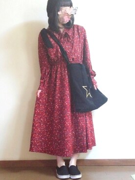 「earth music&ecology（アースミュージックアンドエコロジー）の・花柄ボウタイワンピース ●（ワンピース）」を使った、あーちゃん☘さん（レディース・150cm）の秋コーディネート