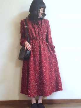 「earth music&ecology（アースミュージックアンドエコロジー）の・花柄ボウタイワンピース ●（ワンピース）」を使った、あーちゃん☘さん（レディース・150cm）の秋コーディネート