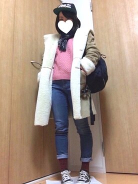「ボーイッシュ」｜「アイテム（ムートンコート）」を使った、とくさん（レディース・154cm）の冬コーディネート