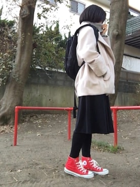 「赤コンバース」｜「アイテム（ピーコート）」を使った、とくさん（レディース・154cm）の冬コーディネート
