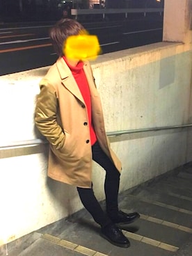 「DIESEL（ディーゼル）のアイテム（チェスターコート）」を使った、Shujiさん（メンズ・174cm）の冬コーディネート