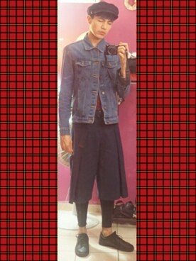 「CHAT NOIR from mon petit chaton のアイテム（パンツ、ブルー系）」を使った、Jyoujiさん（メンズ・180cm）の冬コーディネート