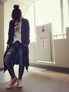 「赤コンバース」｜「アイテム（その他アウター）」を使った、ゆかり🍎さん（レディース・152cm）の春コーディネート