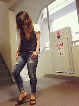 「Ungrid（アングリッド）のフレイドヘムストスリ（デニムパンツ）」を使った、ゆかり🍎さん（レディース・152cm）の夏コーディネート