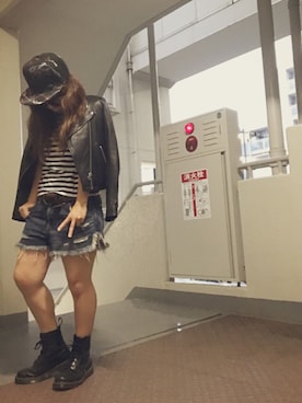 「ショーパン」｜「アイテム（ライダースジャケット）」を使った、ゆかり🍎さん（レディース・152cm）の秋コーディネート