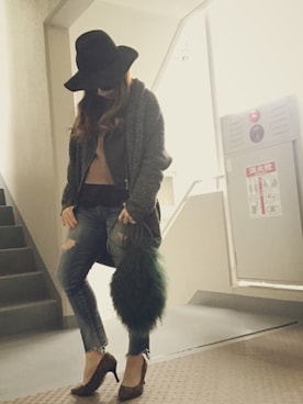 「Ungrid（アングリッド）のフレイドヘムストスリ（デニムパンツ）」を使った、ゆかり🍎さん（レディース・152cm）の冬コーディネート