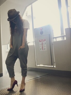 「ストローハット」｜「アイテム（サロペット/オーバーオール）」を使った、ゆかり🍎さん（レディース・152cm）の夏コーディネート