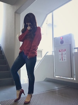 「Ungrid（アングリッド）のインディゴフレイドヘムストスリ（デニムパンツ）」を使った、ゆかり🍎さん（レディース・152cm）の冬コーディネート