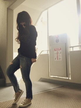 「Ungrid（アングリッド）のフレイドヘムストスリ（デニムパンツ）」を使った、ゆかり🍎さん（レディース・152cm）の冬コーディネート