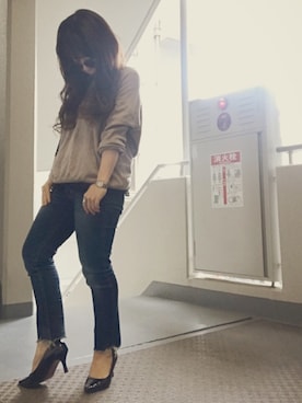 「Ungrid（アングリッド）のインディゴフレイドヘムストスリ（デニムパンツ）」を使った、ゆかり🍎さん（レディース・152cm）の春コーディネート