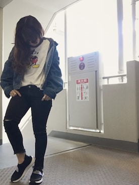 「ラグランTシャツ」｜「アイテム（デニムジャケット）」を使った、ゆかり🍎さん（レディース・152cm）の春コーディネート
