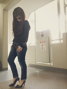 「Ungrid（アングリッド）のインディゴフレイドヘムストスリ（デニムパンツ）」を使った、ゆかり🍎さん（レディース・152cm）の冬コーディネート