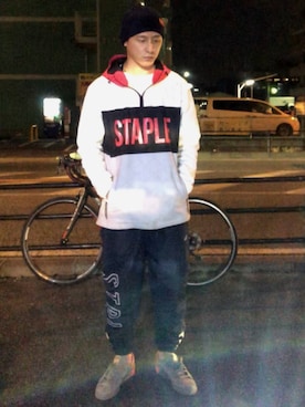 「staple（ステイプル）のアイテム（その他アウター）」を使った、もっつさん（メンズ・180cm）の冬コーディネート