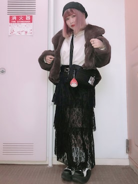 「ファーコート」｜「アイテム（ハンチング/ベレー帽）」を使った、fuka_the_endさん（レディース・150cm）の冬コーディネート
