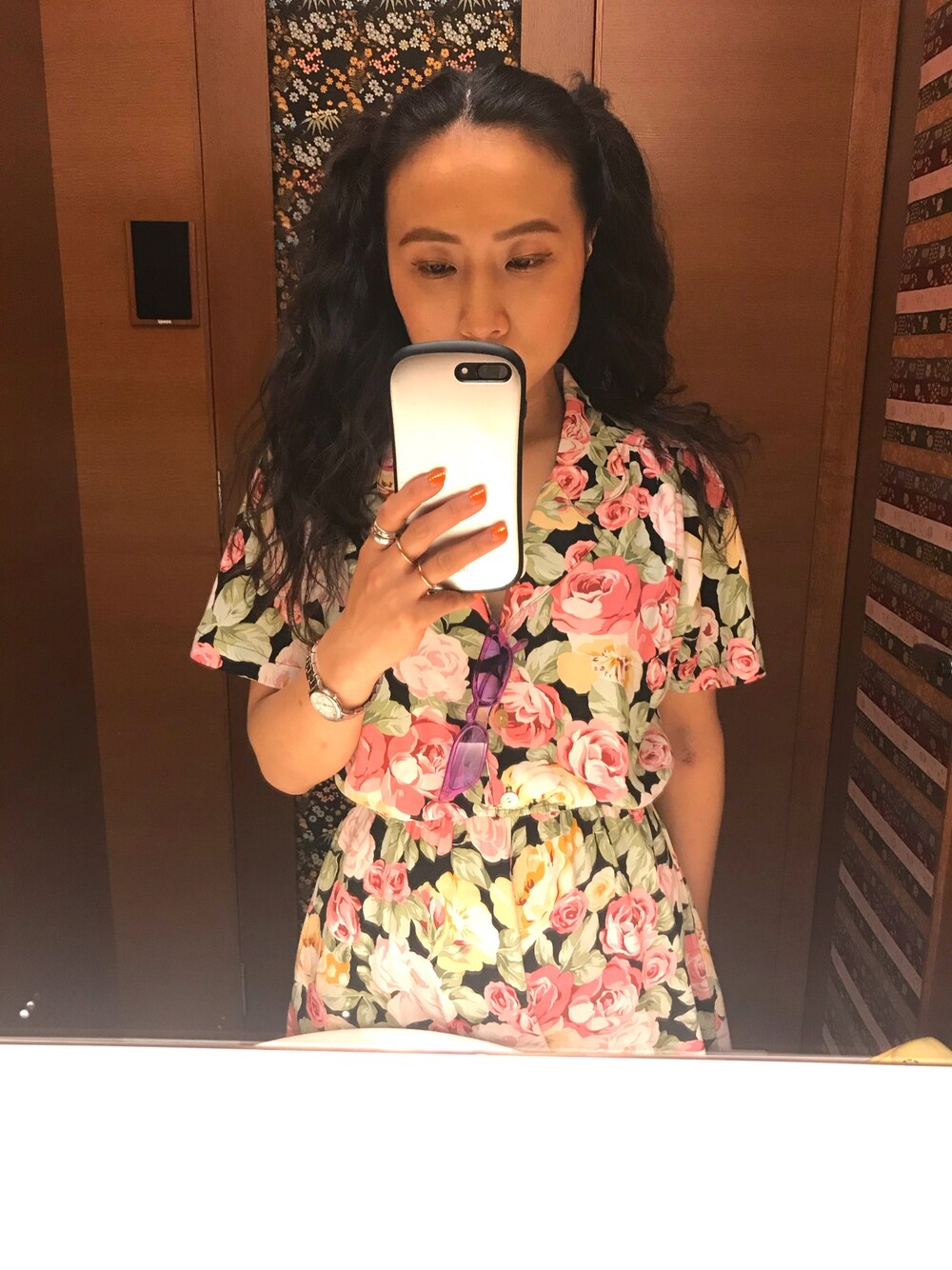 「夏セールで買いました、夏コーデ、summer、シャツワンピ、flower、カジュアル、ワンピース、vintage、outfit、ootd」｜「GALLERIEのアイテム（サングラス、パープル系）」を使った、KINOKOさん（レディース・155cm）の夏コーディネートの1枚目の写真