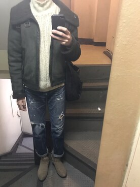 「アイテム（ムートンコート、グリーン系）」を使った、JUNさん（メンズ・167cm）の秋コーディネート