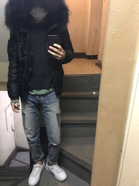 「MOUSSY（マウジー）のアイテム（MA-1）」を使った、JUNさん（メンズ・167cm）の冬コーディネート