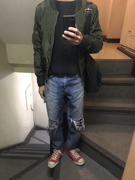 「H&M（エイチ・アンド・エム）のアイテム（ニット/セーター）」を使った、JUNさん（メンズ・167cm）の冬コーディネート