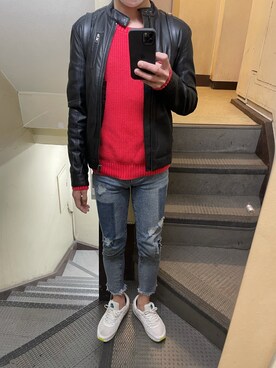 「H&M（エイチ・アンド・エム）のアイテム（ライダースジャケット）」を使った、JUNさん（メンズ・167cm）の冬コーディネート
