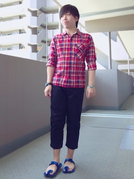 「アイテム（サンダル、ブルー系）」を使った、HIROKIさん（メンズ・157cm）の夏コーディネート