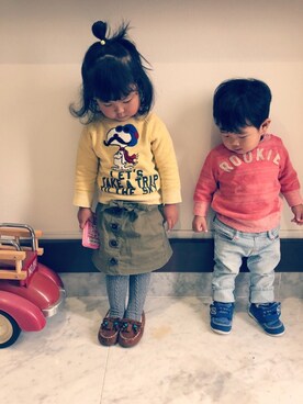 「アイテム（ブーツ、ブラウン系）」を使った、Koto♡Haruさん（キッズ・90cm）の秋コーディネート