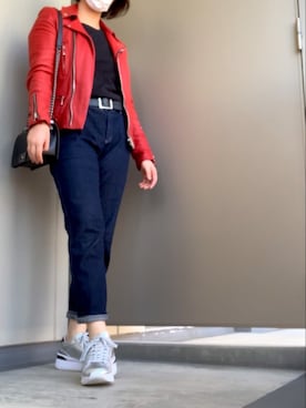 「アイテム（ライダースジャケット、レッド系）」を使った、BOWさん（レディース・169cm）の秋コーディネート