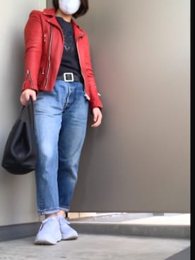 「アイテム（ライダースジャケット、レッド系）」を使った、BOWさん（レディース・169cm）の秋コーディネート