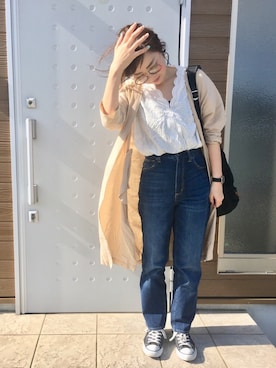 「リネンシャツ」｜「アイテム（その他アウター）」を使った、makiさん（レディース・161cm）の春コーディネート