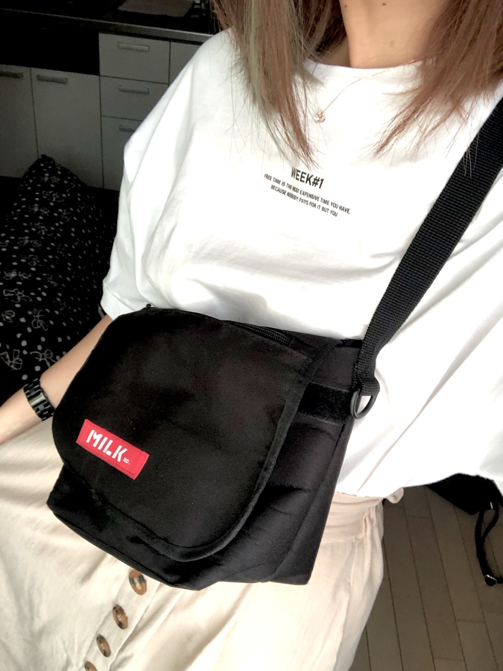 「フーズフーチコ(who's who Chico)、PAGEBOY、ミルクフェド(MILKFED.)、夏服、札幌こーで、おしゃれさんと繋がりたい」｜「PAGEBOYのプチロゴBIGTシャツ（Tシャツ/カットソー、ホワイト系）」を使った、Tabiさん（レディース・163cm）の夏コーディネートの1枚目の写真