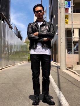 「アイテム（ライダースジャケット）」を使った、kiharaさん（メンズ・173cm）の夏コーディネート