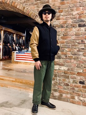 「schott（ショット）のアイテム（スタジャン）」を使った、kiharaさん（メンズ・173cm）の冬コーディネート