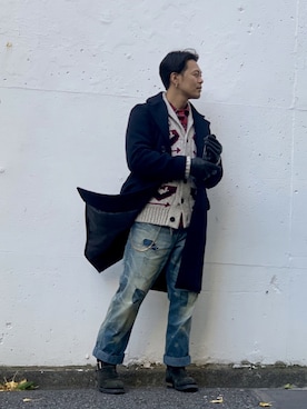 「ショット」｜「アイテム（チェスターコート）」を使った、kiharaさん（メンズ・173cm）の冬コーディネート