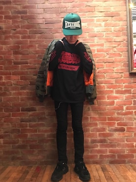 「HYSTERIC GLAMOUR（ヒステリックグラマー）のアイテム（MA-1）」を使った、♪♫♬♪♬♫♪さん（メンズ・172cm）の冬コーディネート
