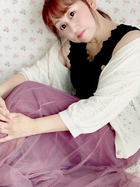 「MAJESTIC LEGON（マジェスティックレゴン）のアイレット柄カーディガン（カーディガン/ボレロ、ホワイト系）」を使った、♡ m i c h i ♡さん（レディース・158cm）の秋コーディネート
