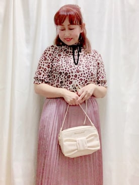 「Allamanda（アラマンダ）のハイネック／ヒョウ柄ブラウス（シャツ/ブラウス、ベージュ系）」を使った、♡ m i c h i ♡さん（レディース・158cm）の秋コーディネート