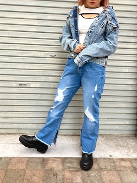 「スリットパンツ」｜「アイテム（デニムジャケット）」を使った、そらさん（レディース・155cm）の春コーディネート