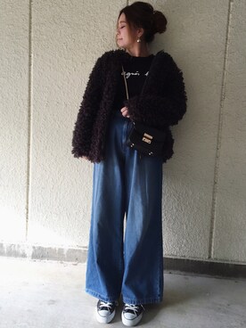 「アニエスベー」｜「アイテム（ノーカラージャケット）」を使った、makikiさん（レディース・160cm）の冬コーディネート