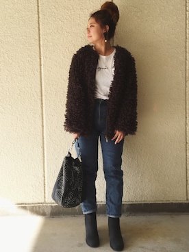 「アニエスベー」｜「アイテム（ノーカラージャケット）」を使った、makikiさん（レディース・160cm）の冬コーディネート