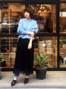 「ブルーニット」｜「アイテム（ブーティ）」を使った、YUKO さん（レディース・156cm）の冬コーディネート